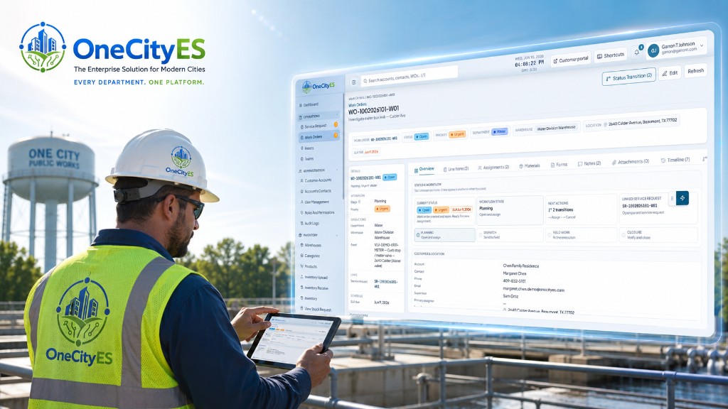 OneCityES field technician at a water utility facility with work order dashboard for Calder Avenue, Beaumont